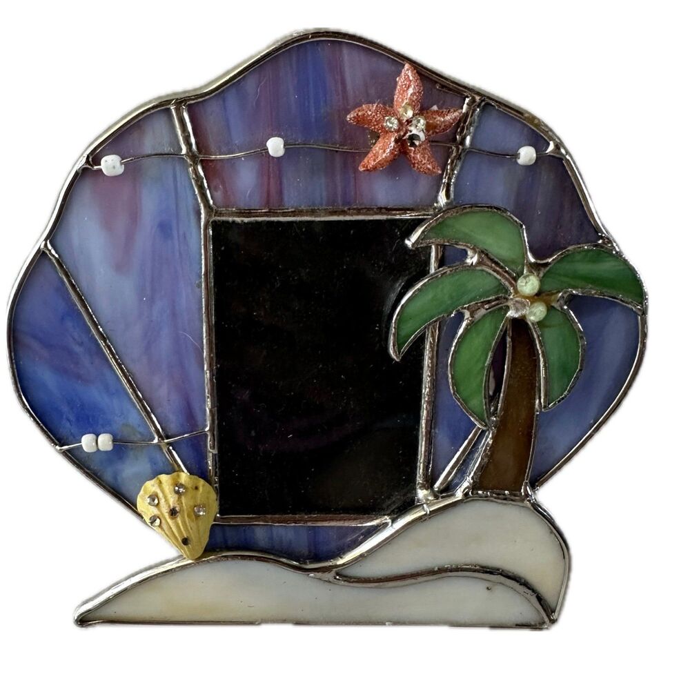 Vintage Stained Glass Tropical Beach Sea Shells Palm Tree Table Picture Frame